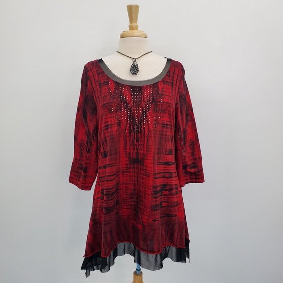 ONE WORLD Tops - One World Womens 3/4 Sleeve Chiffon Hem Tunic Top Size L Red Black Rhinestone